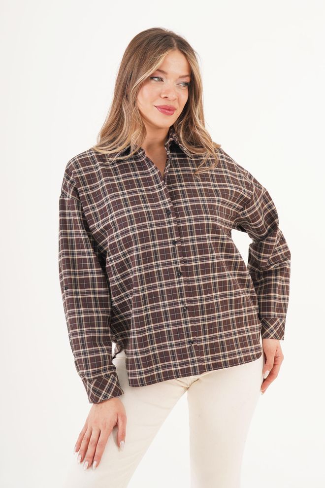 Lustrin Kahverengi Ekose Günlük Gömlek Toptan Giyim Gündelik