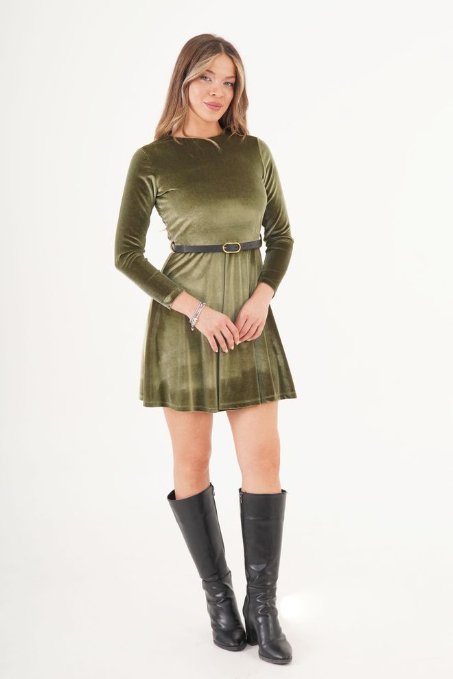 Lustrin Yeşil A Kesim Mini Elbise Yuvarlak Yaka Toptan Giyim Tesettür