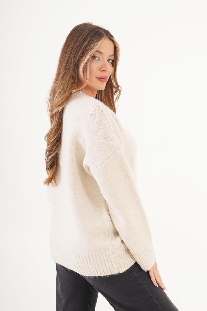 Lustrin Beige Oversized Fit V Neck Sweater Wholesale Clothing Casual