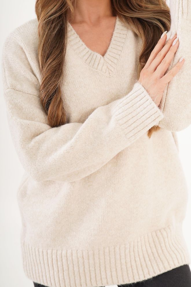 Lustrin Beige Oversized Fit V Neck Sweater Wholesale Clothing Fall