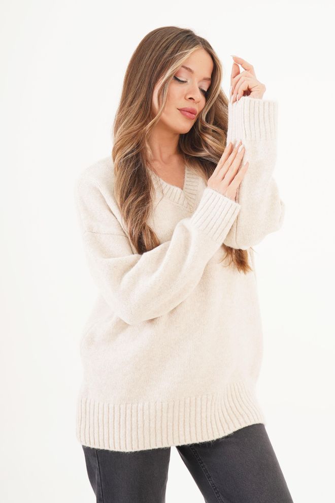 Lustrin Beige Oversized Fit V Neck Sweater Wholesale Clothing Lounge