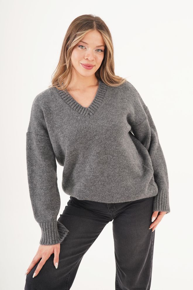 Lustrin Pull Over Gris Grande Taille Col V Vêtements en gros Lounge