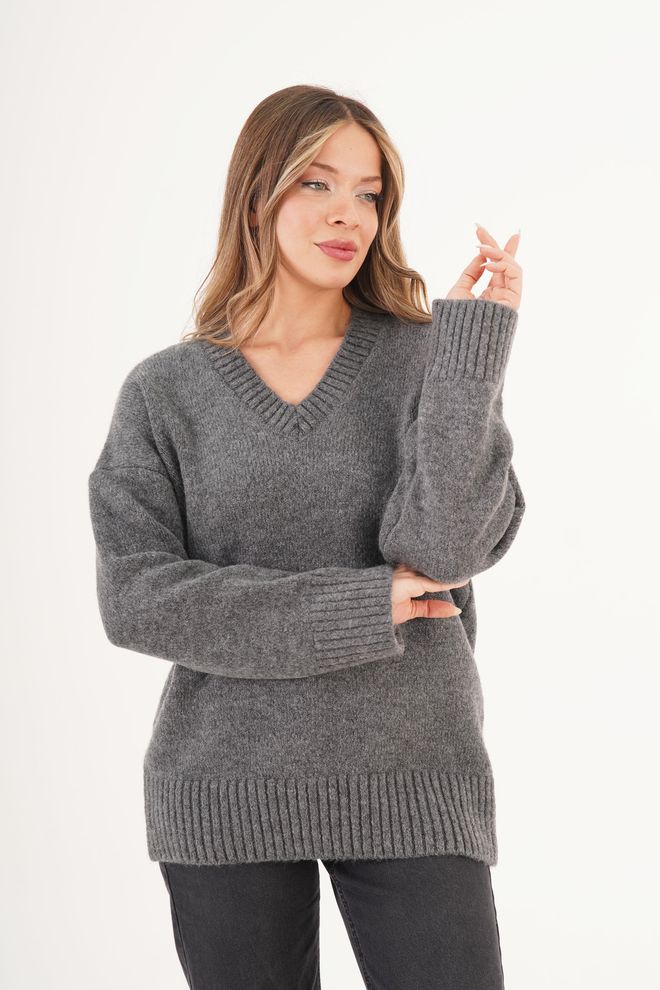 Lustrin Pull Over Gris Grande Taille Col V Vêtements en gros 1