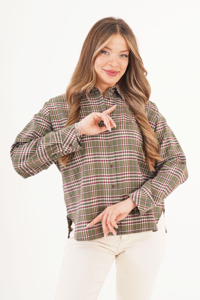 Lustrin Yeşil Ekoseli Düğmeli Polo Yaka Gömlek Toptan Giyim Gündelik