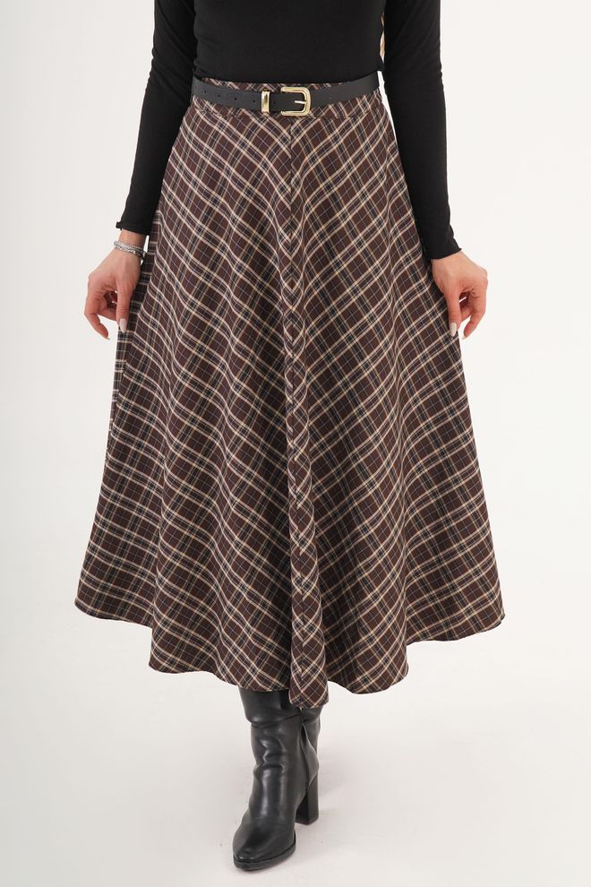 Lustrin Kahverengi Vintage Flare Midi Etek Yüksek Bel Toptan Giyim Gündelik