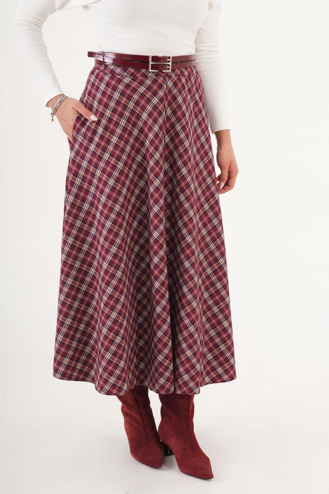 Lustrin Bordo Ekose Yüksek Bel Flared Maxi Etek Toptan Giyim Gündelik