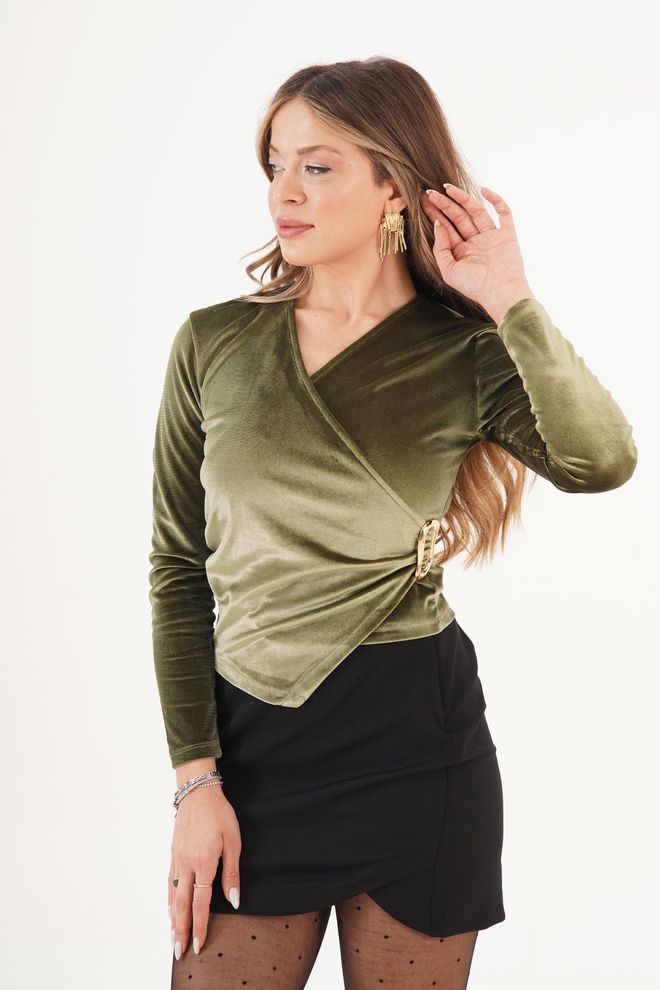 Lustrin Blusa Verde Elegante Com Decote Em V E Mangas Compridas Roupas por atacado Casual