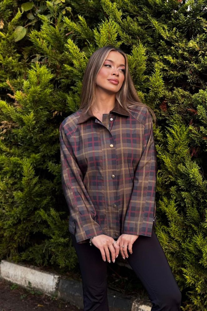 Lustrin Brown Plaid Shacket Trenchcoat With Snap Closure Wholesale Clothing 1