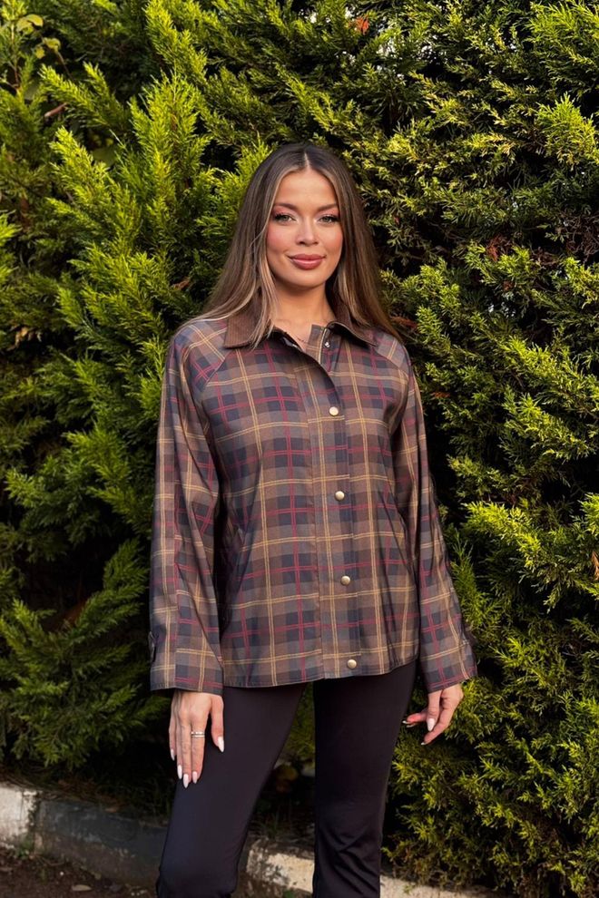 Lustrin Gabardine Xadrez Castanho Shacket Com Fecho De Encaixe Roupas por atacado Casual