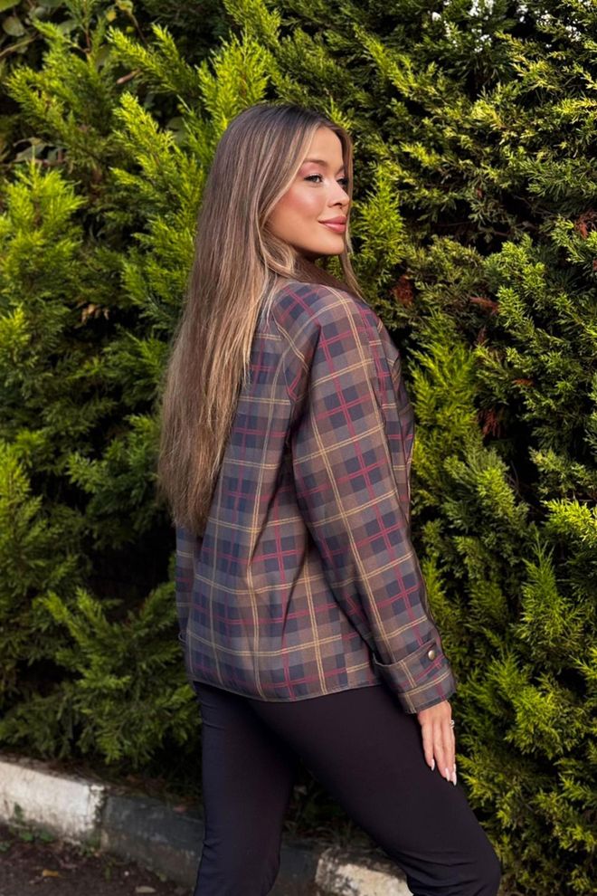 Lustrin Brown Plaid Shacket Trenchcoat With Snap Closure Wholesale Clothing Work