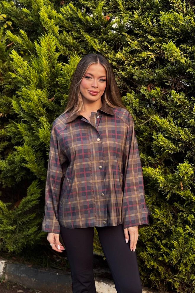 Lustrin Brown Plaid Shacket Trenchcoat With Snap Closure Wholesale Clothing Spring