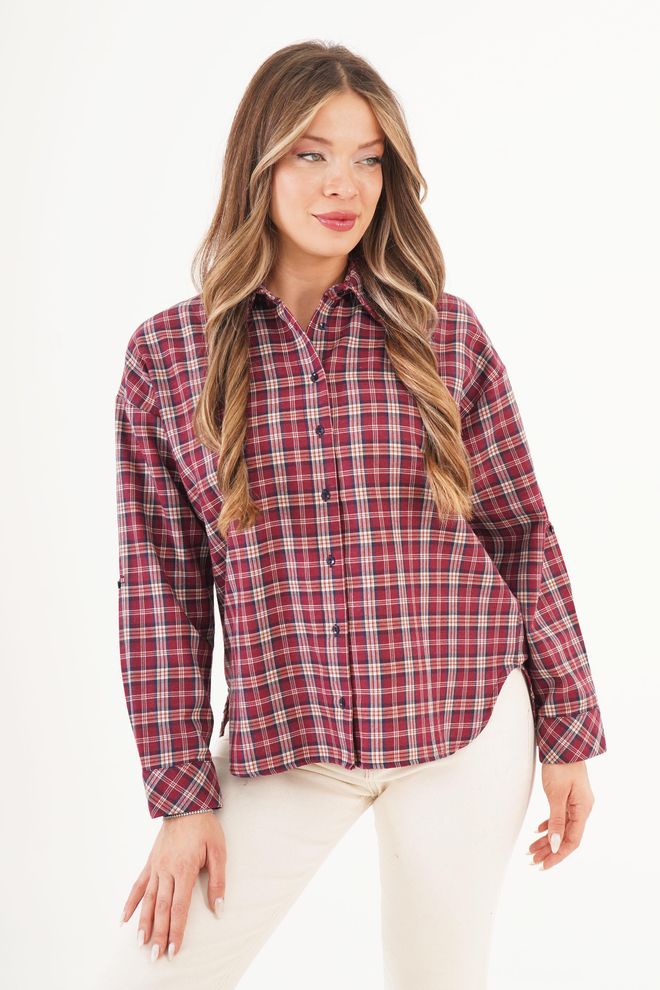 Lustrin Gömlek Gündelik Bordo Damalı Düğmeli Uzun Kol Düz Kol Normal Kalıp Standart Boy Toptan Giyim Gündelik