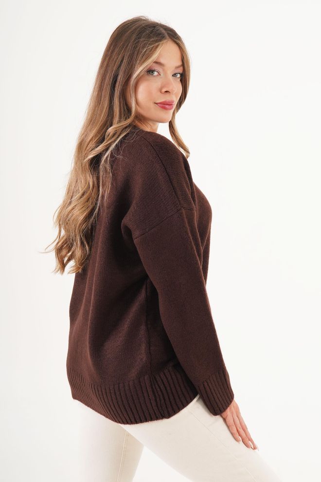 Lustrin Brown Oversized Fit V Neck Sweater Wholesale Clothing Vintage
