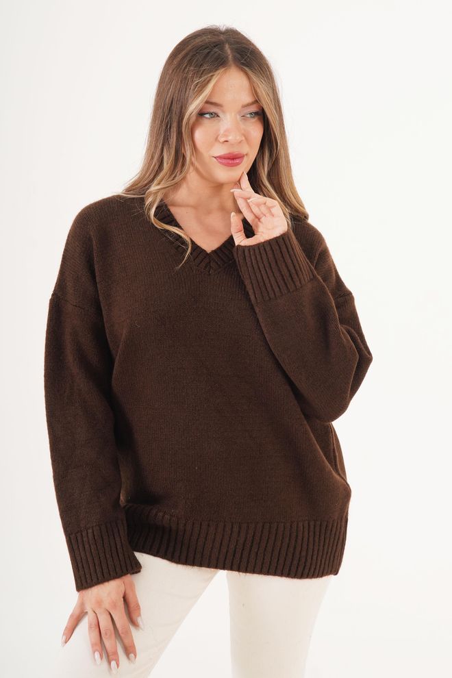 Lustrin Brown Oversized Fit V Neck Sweater Wholesale Clothing 1