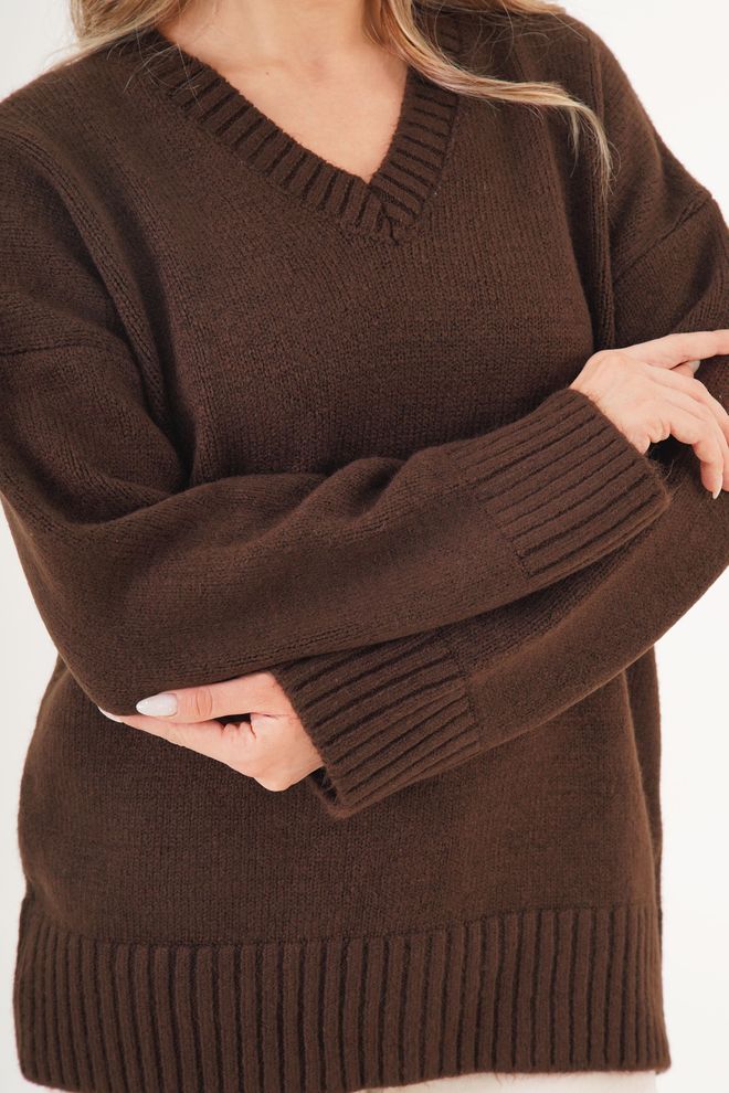 Lustrin Brown Oversized Fit V Neck Sweater Wholesale Clothing Fall