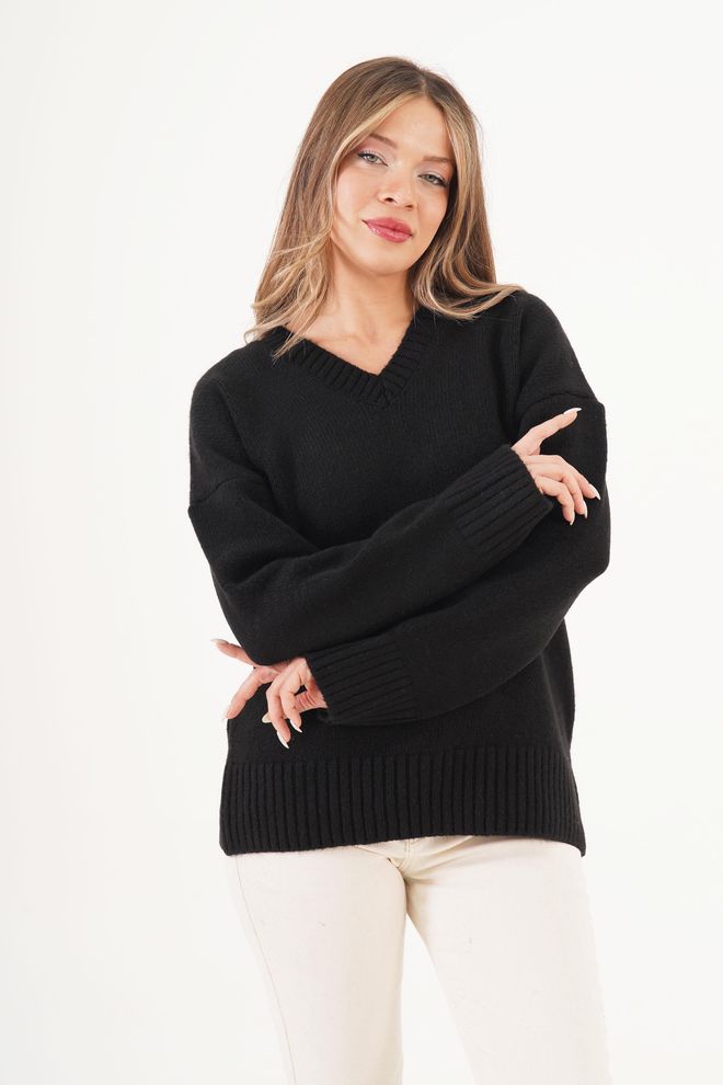 Lustrin Black Oversized V Neck Sweater With Long Sleeves Wholesale Clothing Lounge