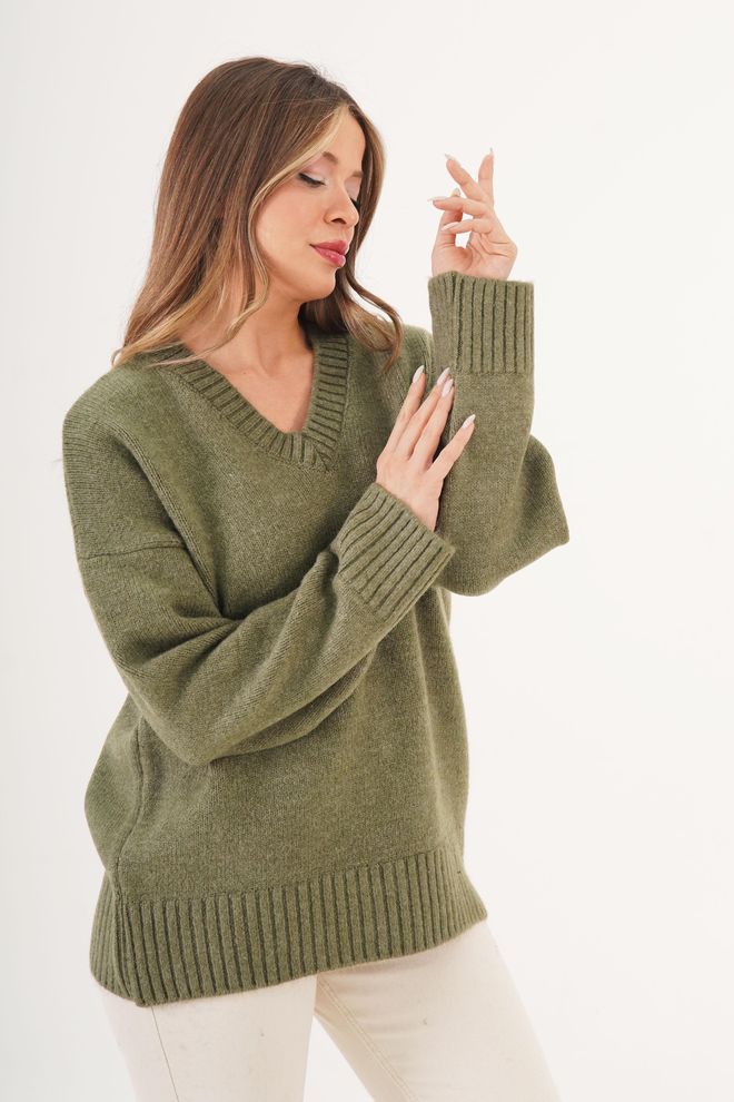 Lustrin Green Oversized V Neck Sweater Wholesale Clothing 1