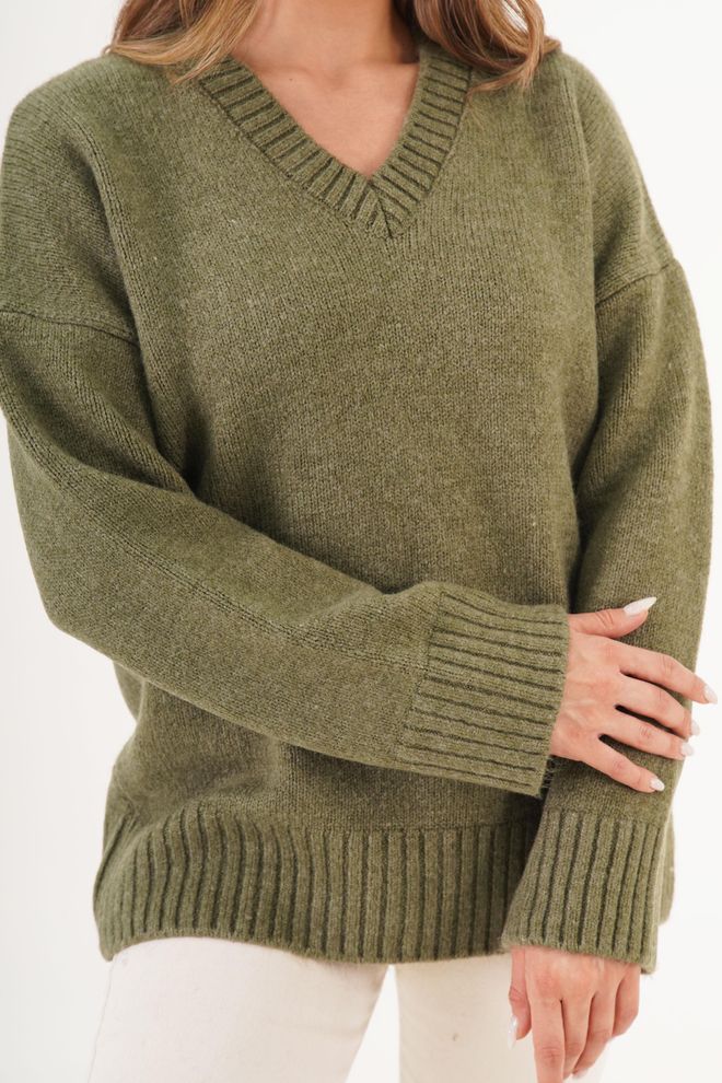Lustrin Green Oversized V Neck Sweater Wholesale Clothing Spring