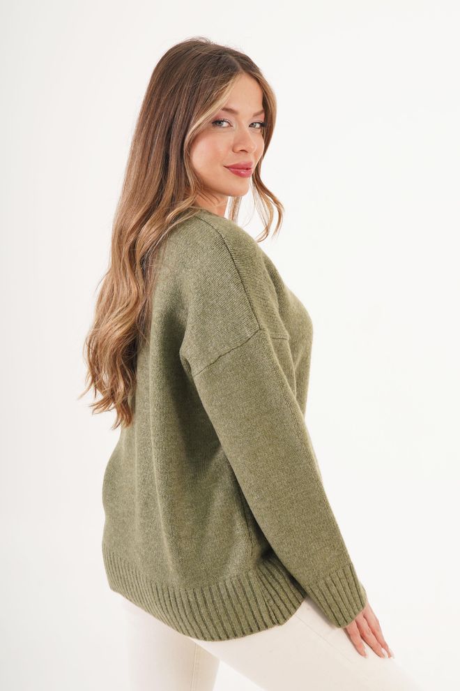 Lustrin Green Oversized V Neck Sweater Wholesale Clothing Elegant