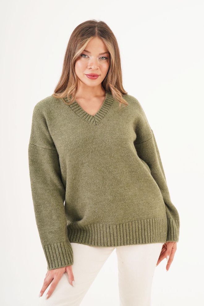 Lustrin Green Oversized V Neck Sweater Wholesale Clothing Lounge