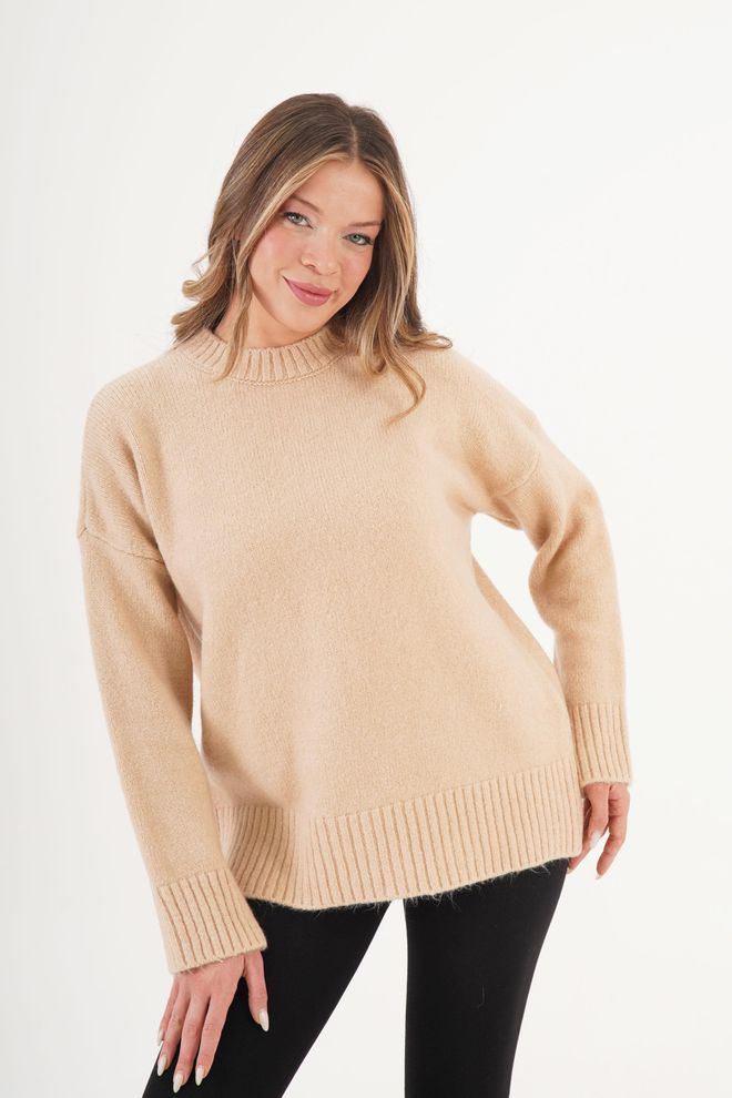 Lustrin Bež Plasten Pulover Z Visokim Ovratnikom Oblačila na debelo Skromno