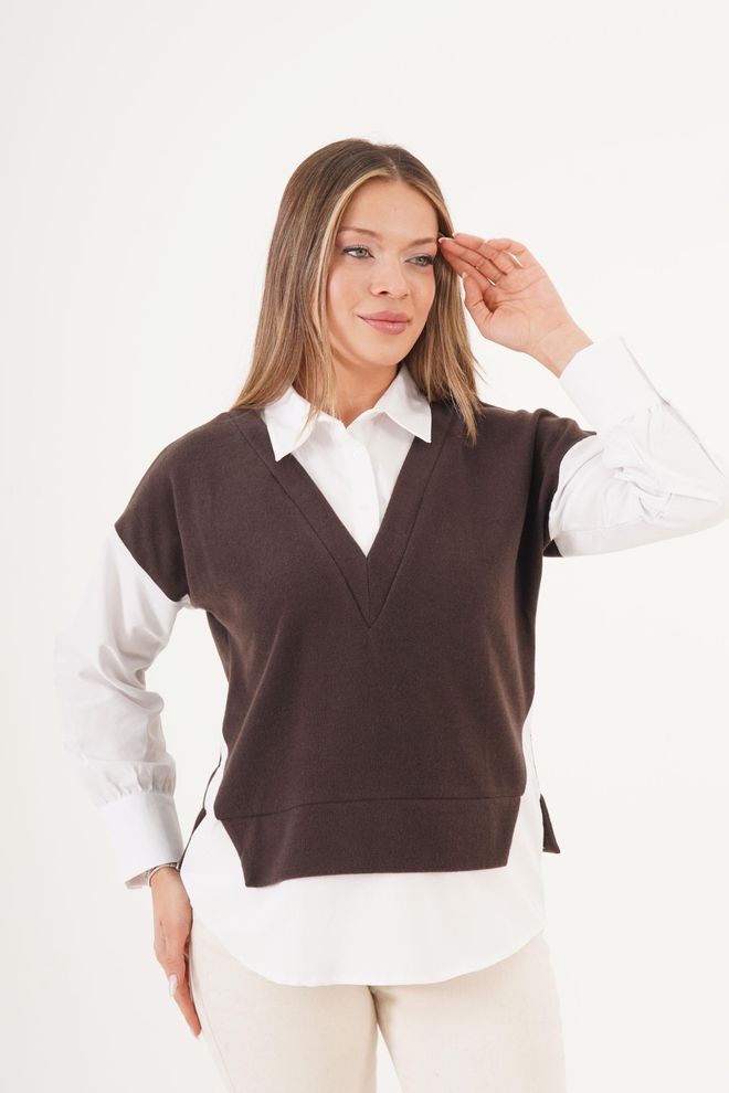 Lustrin Bela Preppy Majica Z Gumbi In Šal Ovratnikom Oblačila na debelo Ležerno