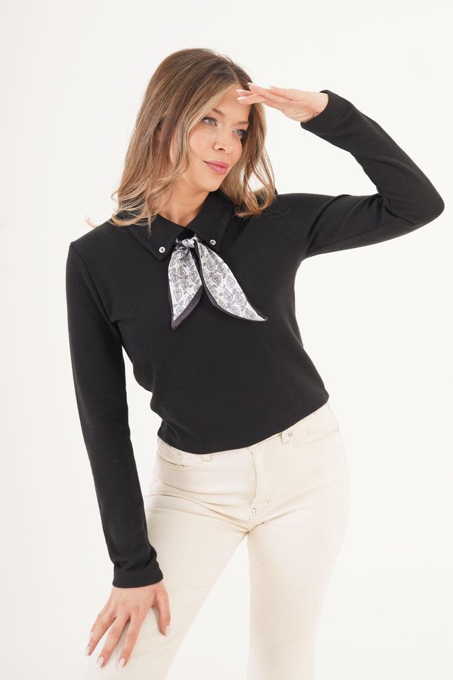 Lustrin Siyah Paisley Desenli Slim Fit Polo Yaka Bluz Toptan Giyim Gündelik