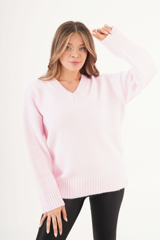 Lustrin Pink Sweater Oversized V Neck Long Sleeve Wholesale Clothing 1