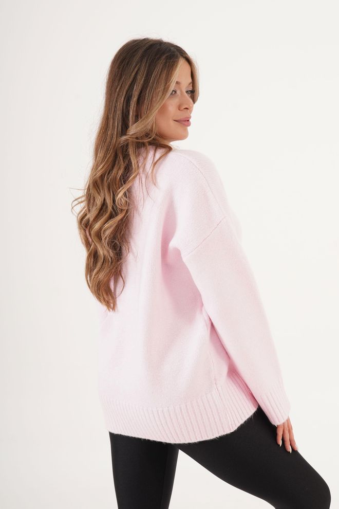 Lustrin Pink Sweater Oversized V Neck Long Sleeve Wholesale Clothing Spring