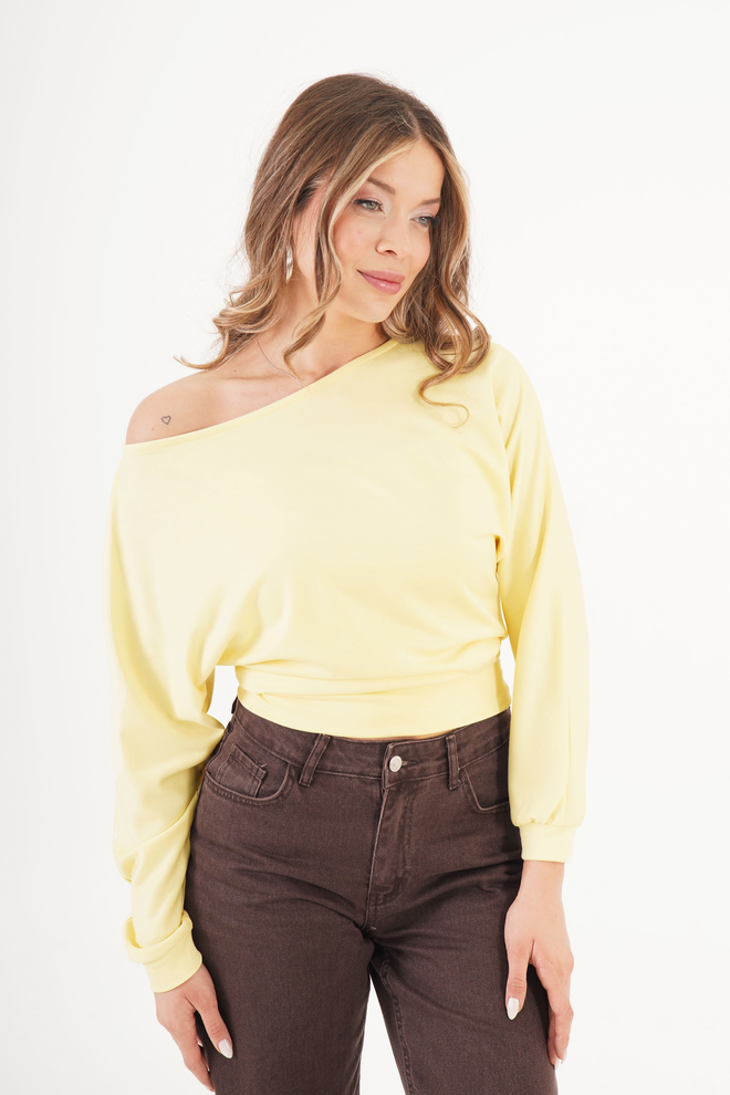 Lustrin Yellow Off Shoulder Regular Fit Blouse Long Sleeve Wholesale Clothing Spring