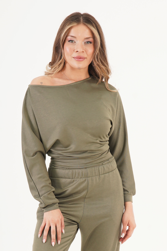 Lustrin Khaki Off Shoulder Dolman Sleeve Casual Blouse Wholesale Clothing Spring