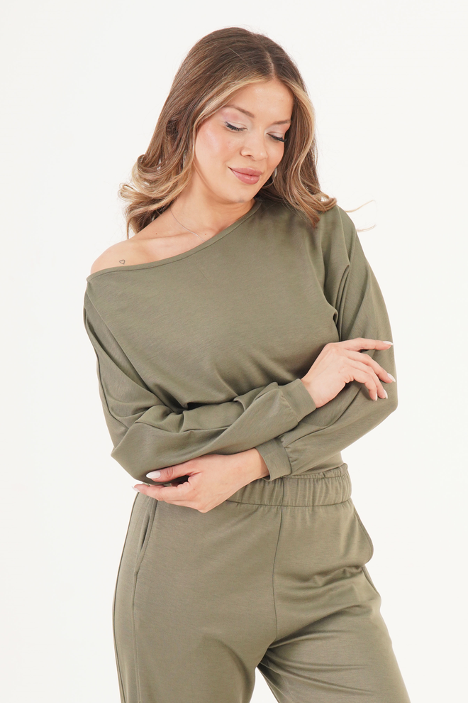 Lustrin Khaki Off Shoulder Dolman Sleeve Casual Blouse Wholesale Clothing Streetwear