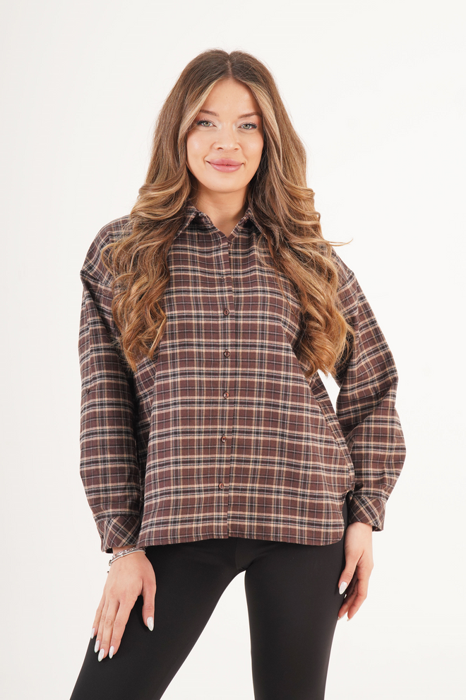 Lustrin Chemise Plaid Brune À Col Polo Coupe Régulière Vêtements en gros Décontracté