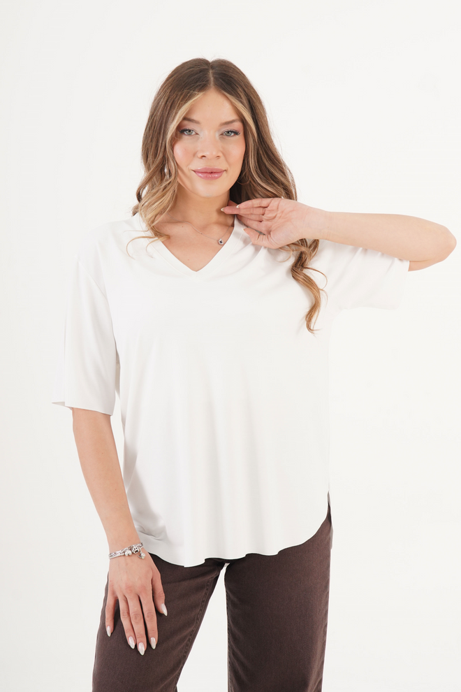 Lustrin White Tshirt Casual V Neck Regular Fit Plain Top Wholesale Clothing Casual