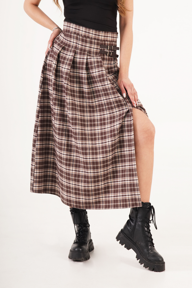 Lustrin Saia Longa Marrom Xadrez Linha A Com Fecho De Fivela Roupas por atacado Casual