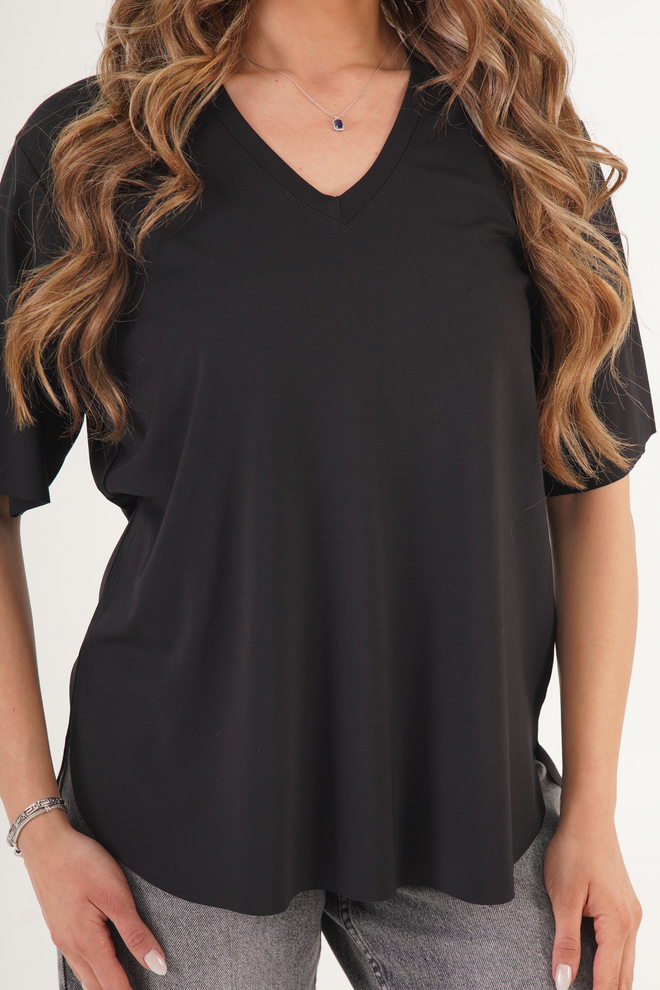 Lustrin Black Casual Oversized V Neck Tshirt Wholesale Clothing Streetwear