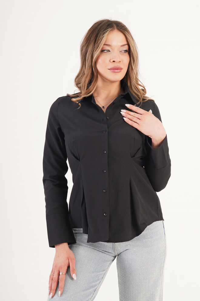 Lustrin Черна Официална Елегантна Риза С Шал Яка Дрехи на едро Официален