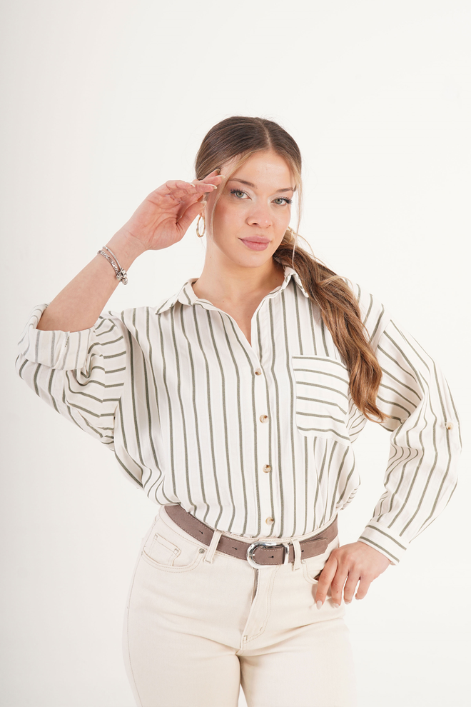 Lustrin Camisa Branca Listrada Tamanho Grande Com Decote Entalhado Roupas por atacado Casual