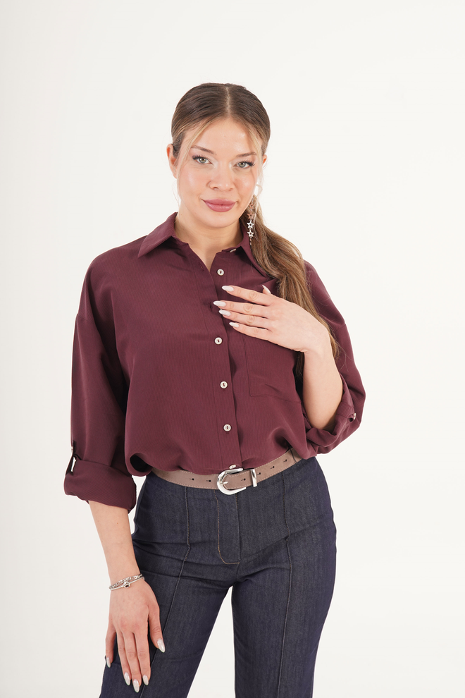 Lustrin Camisa Vermelho Clarete Gola Chal Regular Fit Com Botões Roupas por atacado Casual