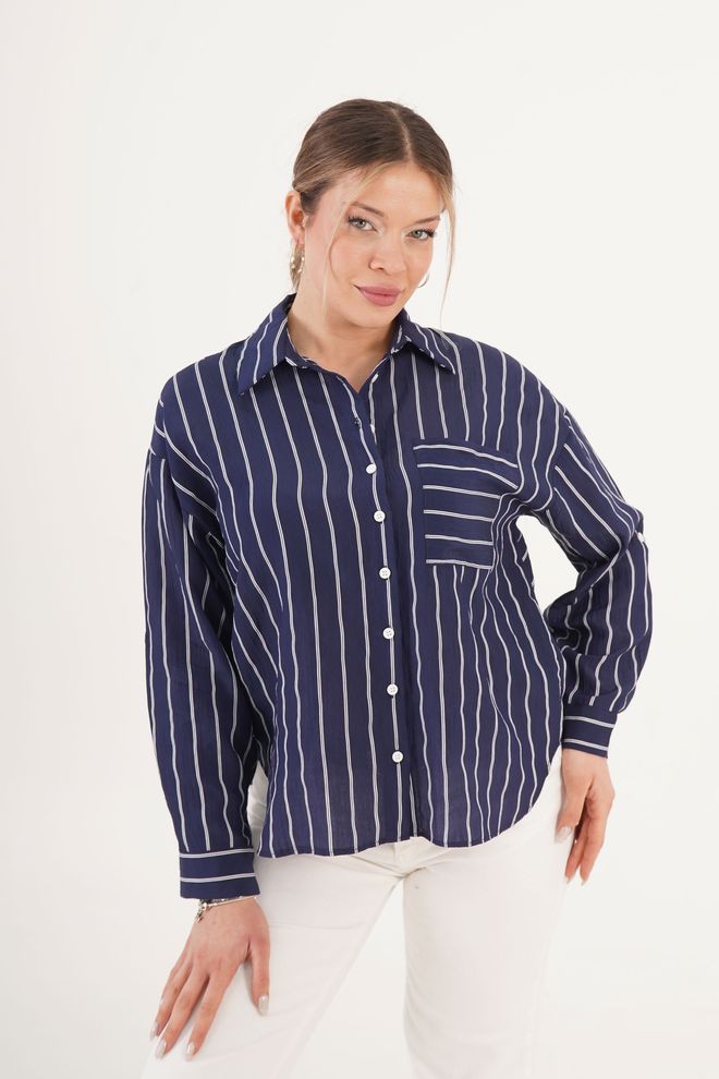 Lustrin Navy Blue Neformálny Preppy Pruhovaný Košeľa Veľkoobchod s oblečením 1