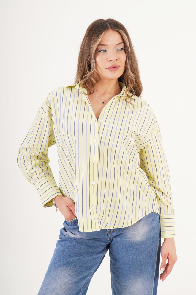 Lustrin Camisa Amarela Casual Às Riscas Com Colarinho Shawl E Manga Comprida Roupas por atacado Casual