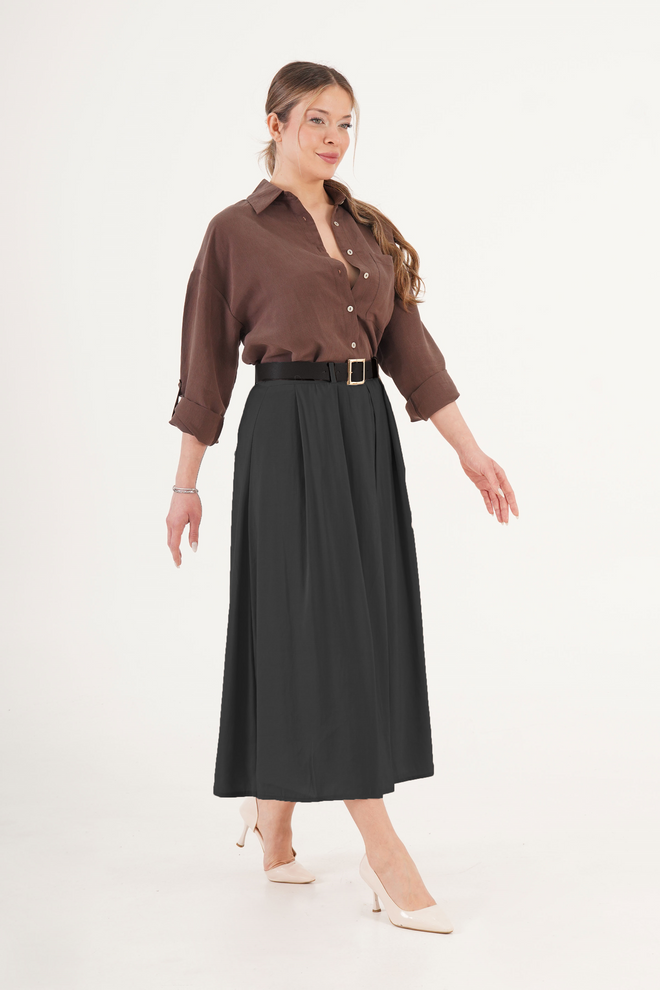 Lustrin Saia Maxi Plissada Preta – Cintura Alta Elegante Lisa Roupas por atacado Modesto