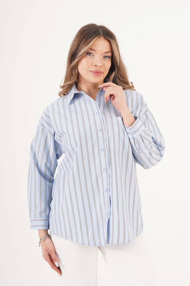 Lustrin Camisa Azul Oversized Às Riscas Com Decote Polo Roupas por atacado Casual