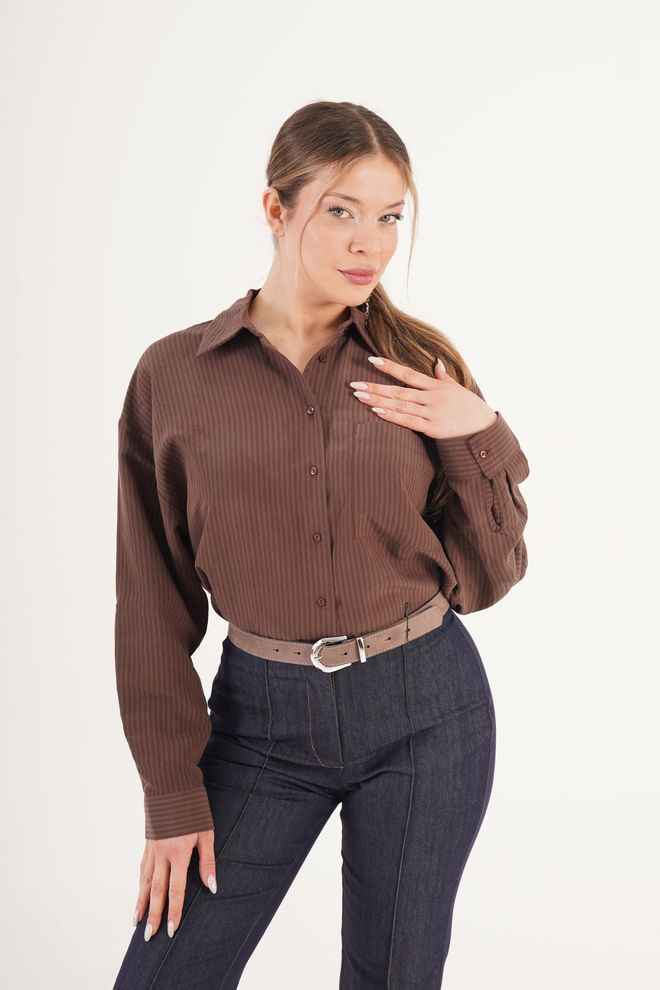 Lustrin Camisa Castanho Às Riscas Casual Formal Elegante Roupas por atacado Casual