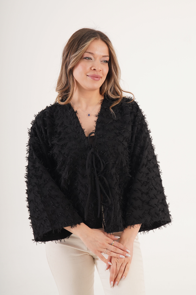 Lustrin Chemise Noire Élégante Col V Manches 3/4 À Nouer Vêtements en gros Décontracté