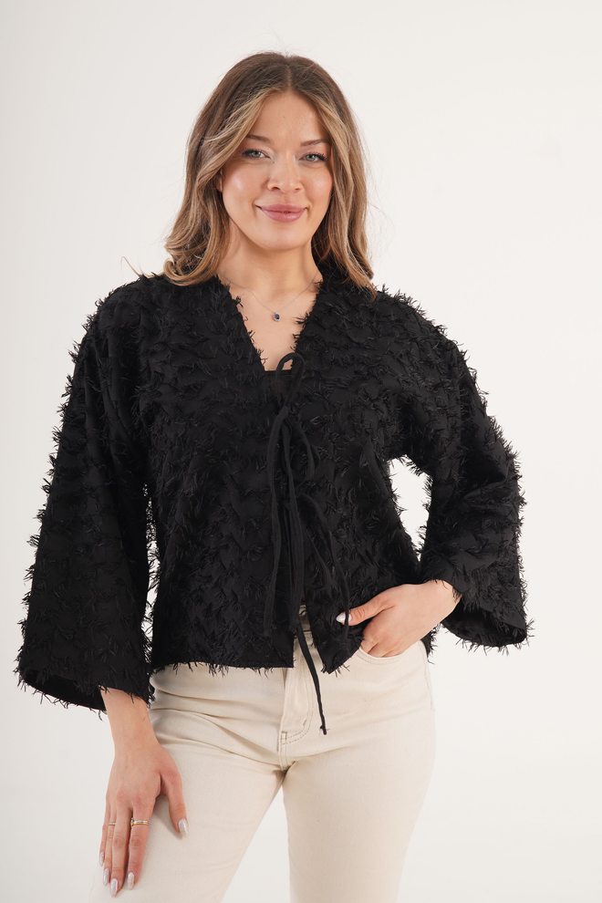 Lustrin Čierna Elegantná Košeľa S V výstrihom 3/4 Rukáv Na Kravatu Veľkoobchod s oblečením Jar