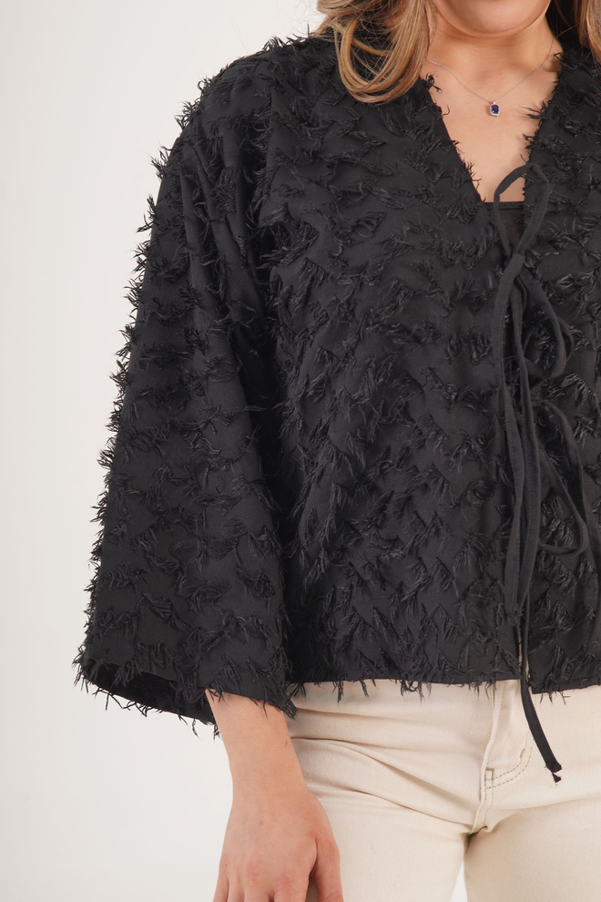 Lustrin Čierna Elegantná Košeľa S V výstrihom 3/4 Rukáv Na Kravatu Veľkoobchod s oblečením Práca