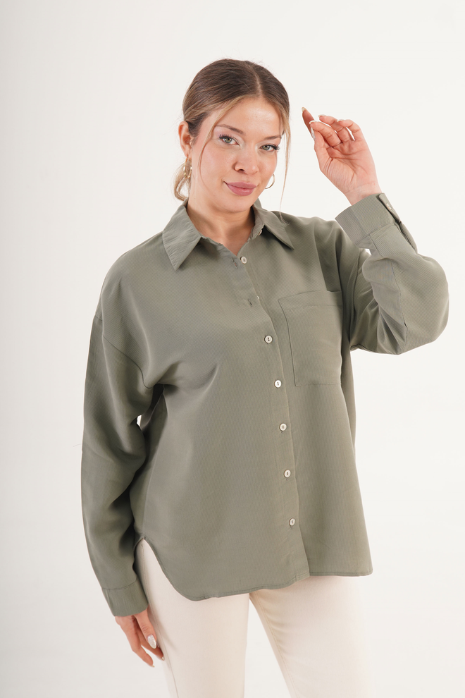 Lustrin Khaki Oversized Fit Buttoned Shirt With Notched Neck Wholesale Clothing 1