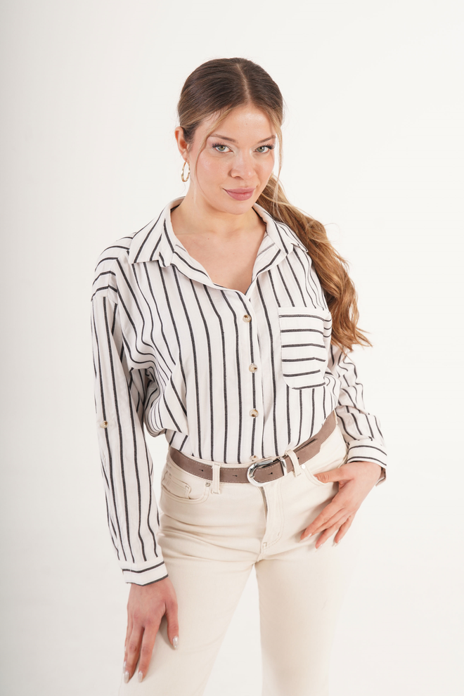 Lustrin Chemise Blanche Rayée Boutonnée Avec Encolure Échancrée Vêtements en gros Décontracté