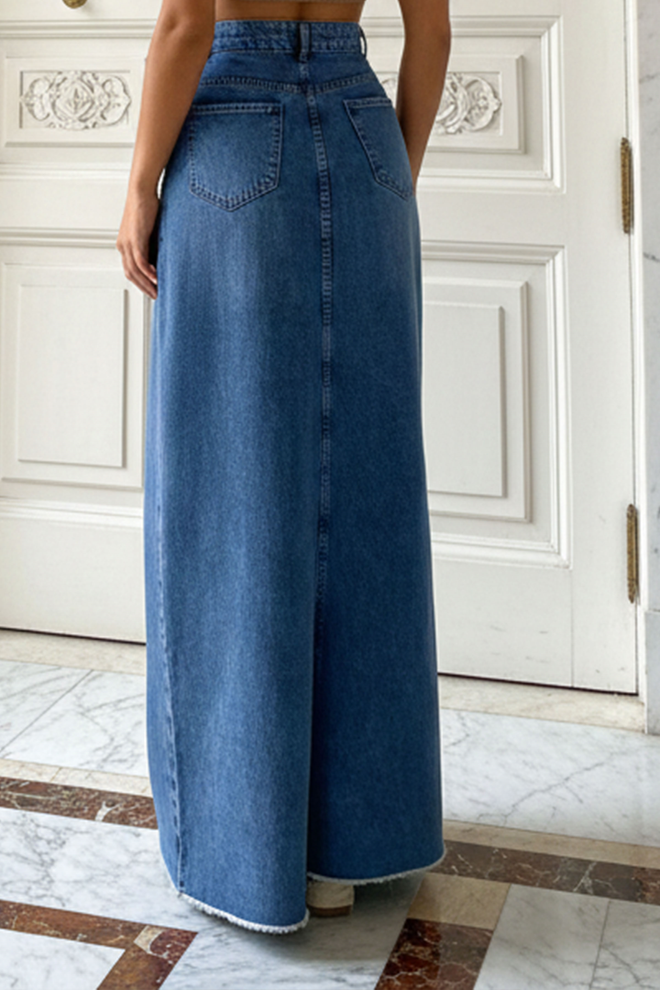 Lustrin Blue Maxi A Line Skirt With Patch Pocket High Waist Wholesale Clothing 1